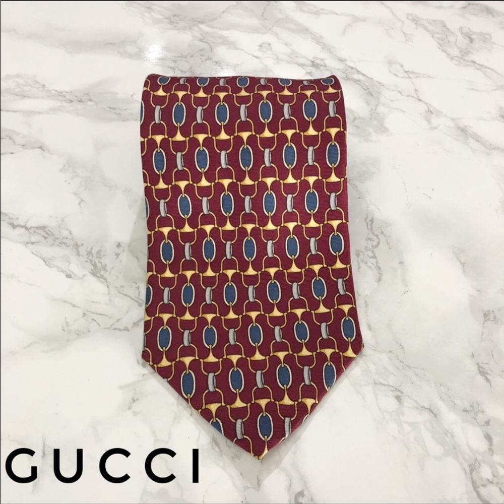 Gucci Vintage Red Blue Oval Print Horsebit Tie EUC